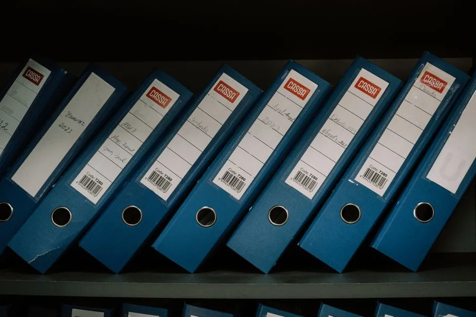 Neatly arranged blue office binders labeled with dates and names for organized storage.