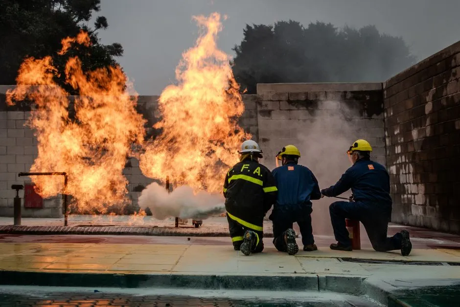 Firefighters in protective gear conduct a live fire training exercise outdoors.